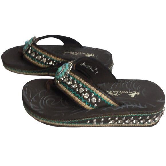 Montana West Sandals Womens Size 7 Brown Turquoise Wedge Flip Flop Rhinestone - Picture 5 of 11